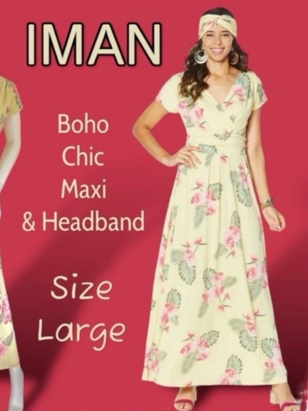 Iman Boho Chic Petite Large Yellow Floral Maxi Dress & Head Wrap